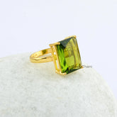 Beautiful Peridot Quartz Rectangle Gemstone Prong Set Ring - 925 Sterling Silver Gold Plated Ring - Birthday Gift Ring - Christmas Gift Ring